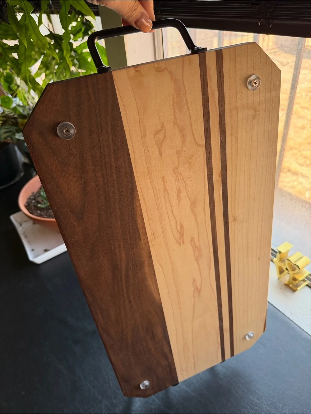 Two-Tone Maple & Walnut Serving and Cutting Board with Black Handles